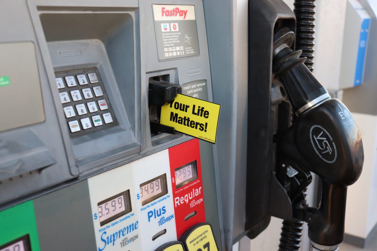 Your Life Matters Gospel Tract in a Credit Card Slot at a Gas Pump